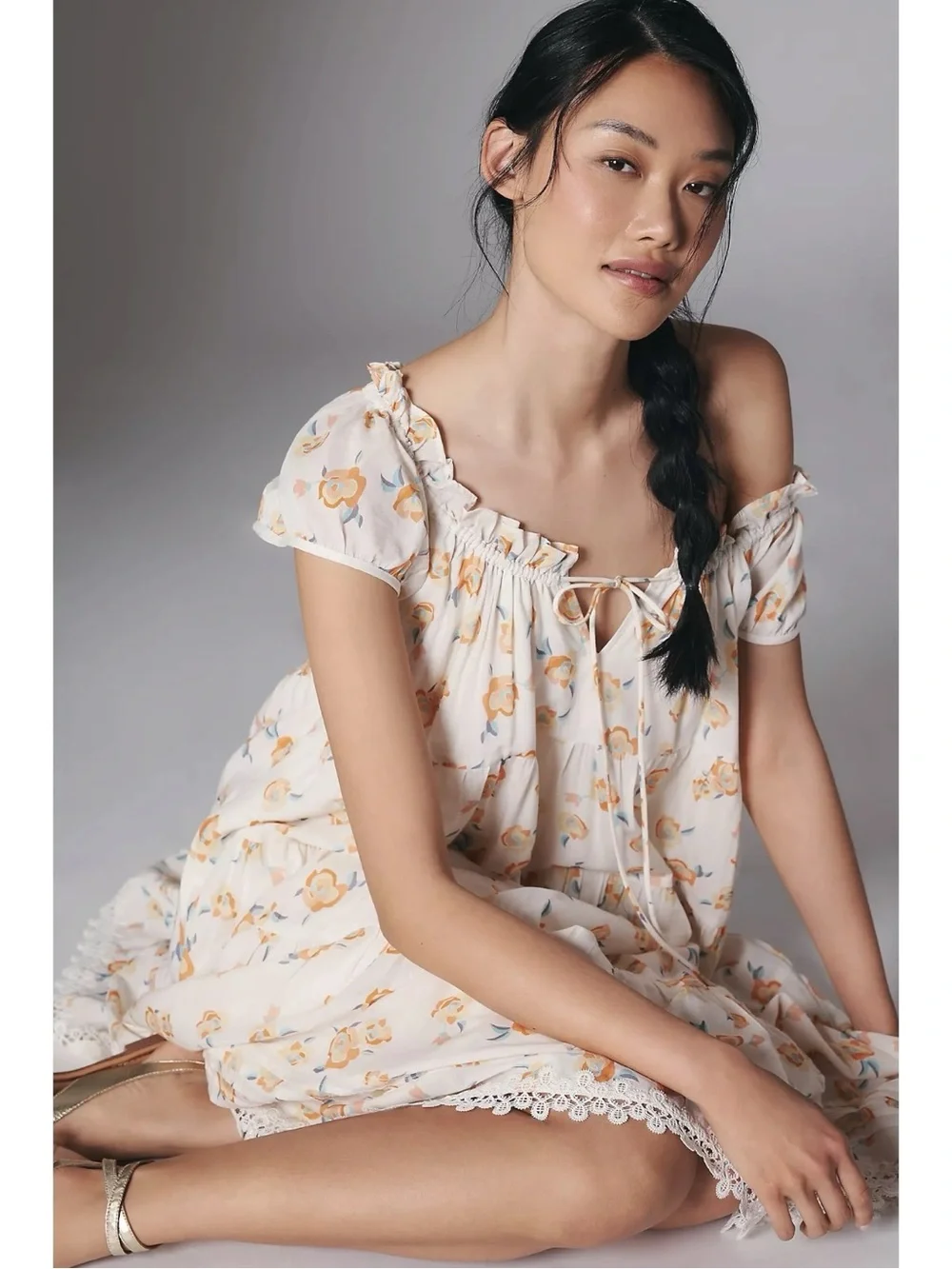 Anthropologie Summer Cottage Floral Short Sleeve Scoop Neck Midi Dress Large